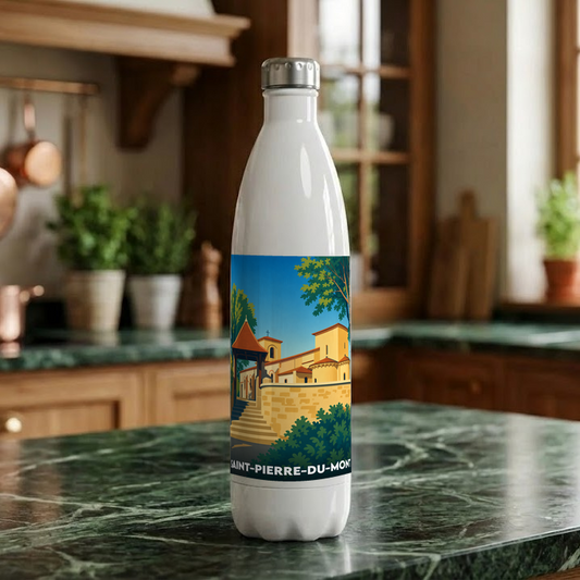 Gourde souvenir de la ville de Saint-Pierre-du-Mont avec une illustration stylisée.