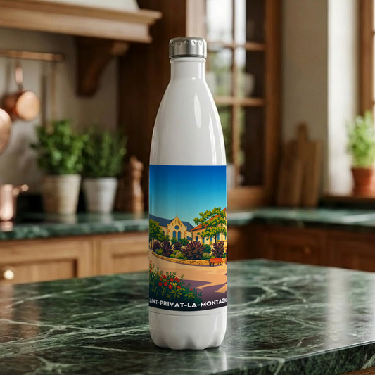 Gourde souvenir de la ville de Saint-Privat-la-Montagne avec une illustration stylisée.