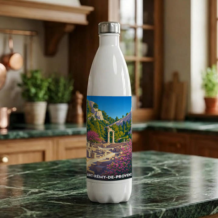 Gourde blanche souvenir de la ville de Saint-Rémy-de-Provence avec une illustration stylisée de ses ruines romaines.