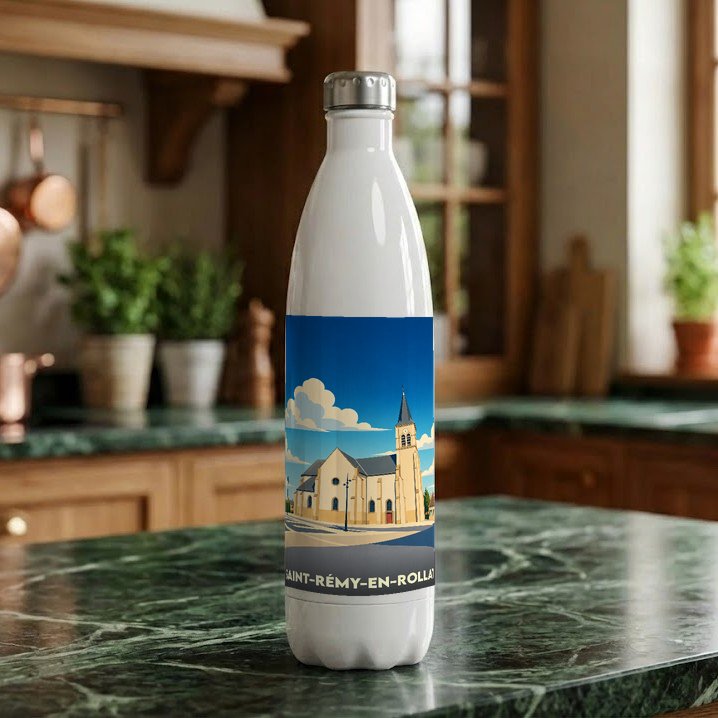 Gourde souvenir de la ville de Saint-Rémy-en-Rollat avec une illustration stylisée de son église.