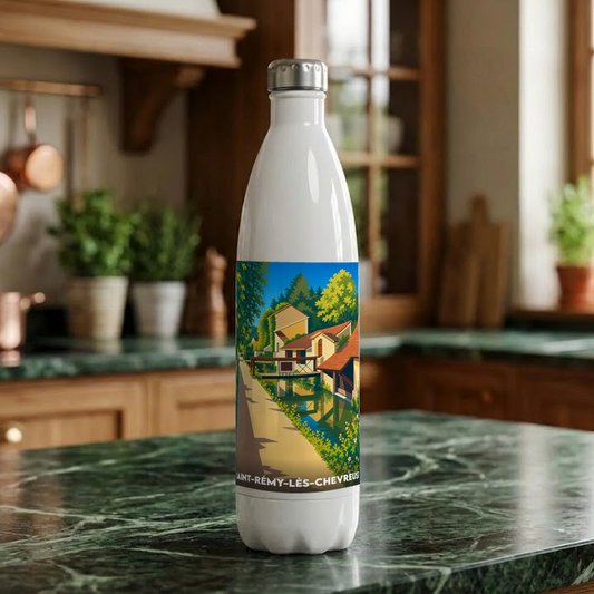 Gourde blanche souvenir de la ville de Saint-Rémy-lès-Chevreuse avec une illustration stylisée.