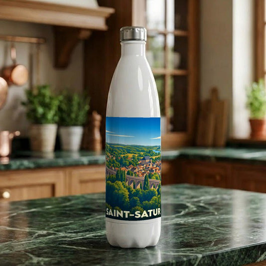 Gourde blanche souvenir de la ville de Saint-Satur avec une illustration stylisée de son viaduc et de son paysage.