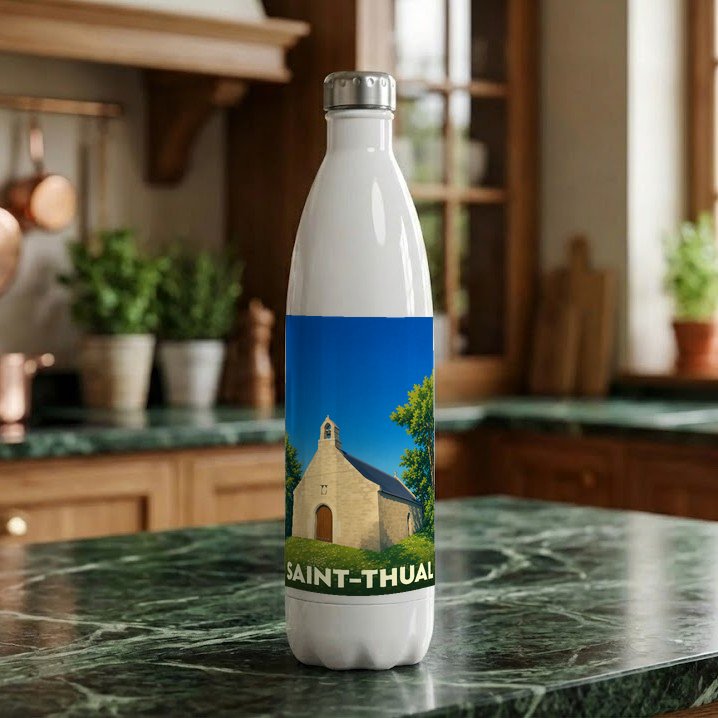 Gourde souvenir de la ville de Saint-Thual avec une illustration stylisée d'une petite chapelle bretonne.