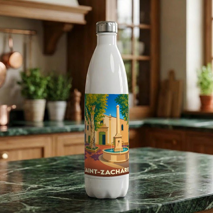 Gourde souvenir de la ville de Saint-Zacharie avec une illustration stylisée.
