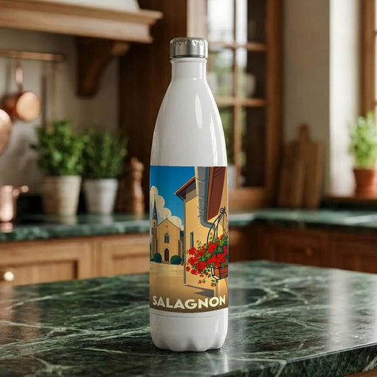 Gourde blanche souvenir de la ville de Salagnon avec une illustration stylisée.