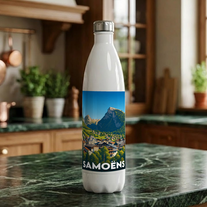Gourde souvenir de la ville de Samoëns avec une illustration stylisée de paysage de montagne.