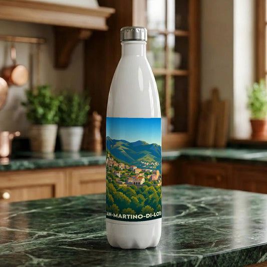 Gourde souvenir de la ville de San-Martino-di-Lota avec une illustration stylisée de son paysage vallonné.