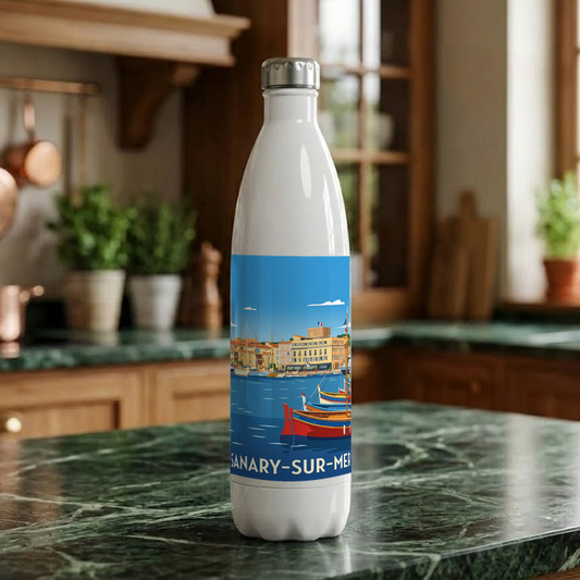 Gourde souvenir de la ville de Sanary-sur-Mer avec une illustration stylisée du port.