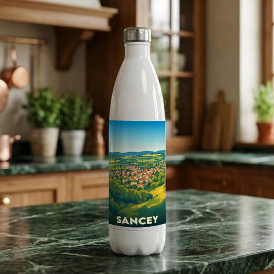 Gourde blanche souvenir de la ville de Sancey avec une illustration stylisée de son paysage.