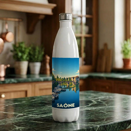 Gourde souvenir de la ville de Saône avec une illustration stylisée d'un pont et de bateaux.