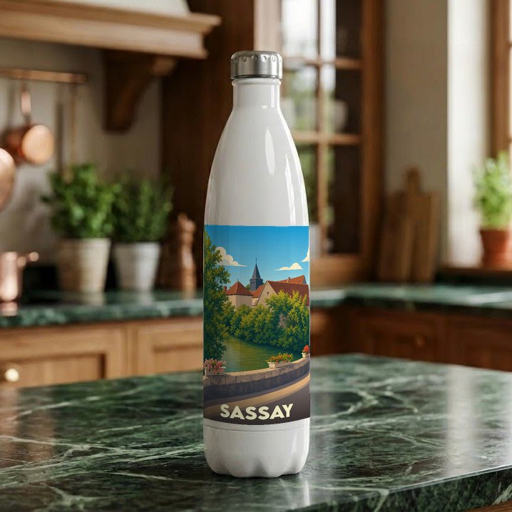 Gourde blanche souvenir de la ville de Sassay avec une illustration stylisée d'un paysage urbain au bord de l'eau.