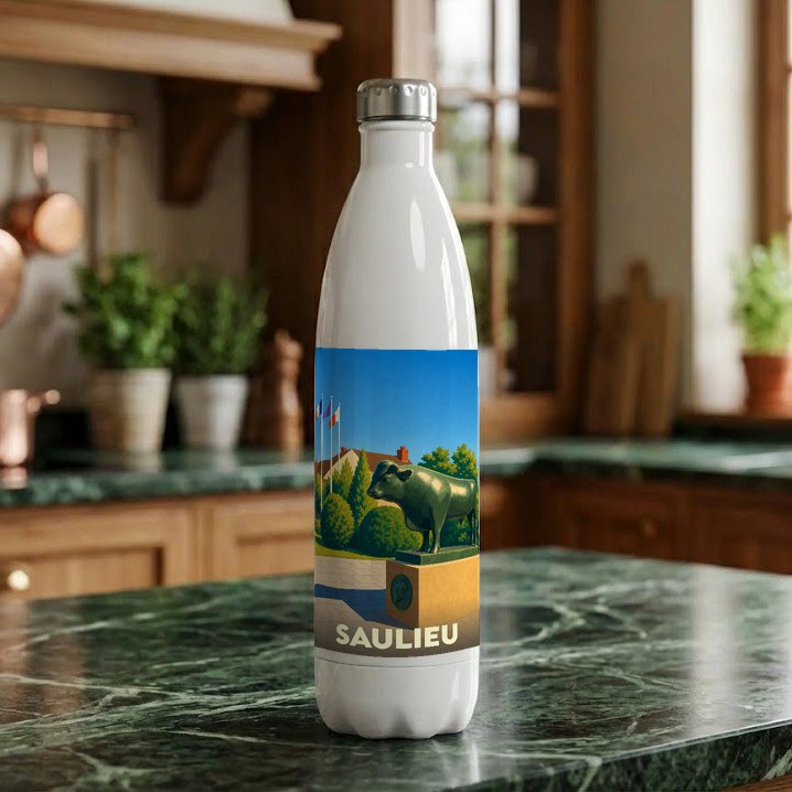 Gourde souvenir de la ville de Saulieu illustrée d'un taureau stylisé sur fond de paysage urbain.