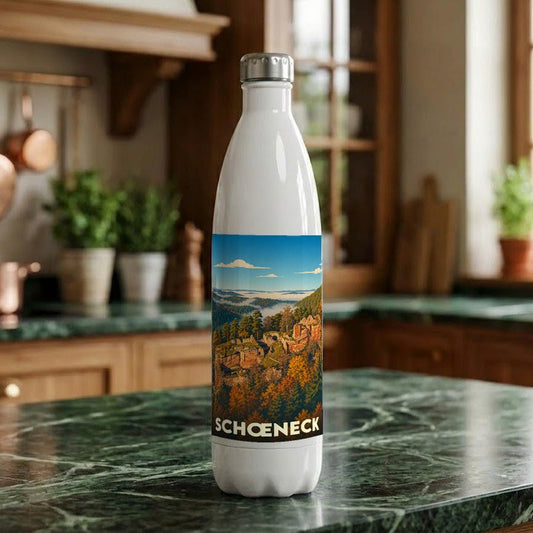 Gourde blanche souvenir de la ville de Schœneck avec une illustration panoramique de ses paysages et ruines de château.