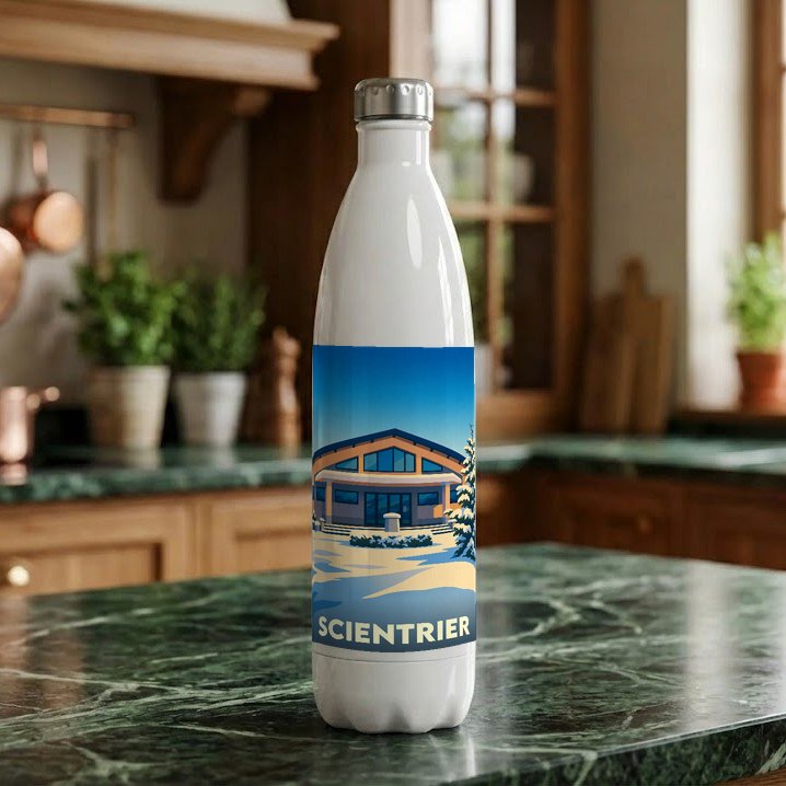 Gourde souvenir de la ville de Scientrier avec une illustration hivernale stylisée.