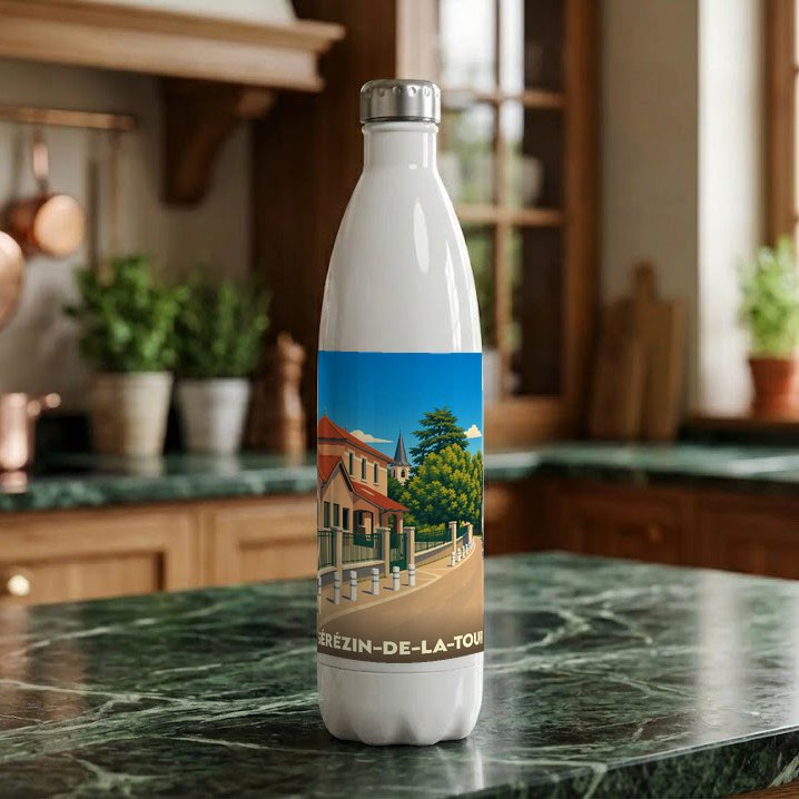 Gourde souvenir de la ville de Sérézin-de-la-Tour avec une illustration stylisée d'un paysage urbain.