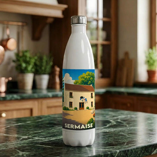 Gourde souvenir de la ville de Sermaise ornée d'une illustration stylisée de sa mairie.