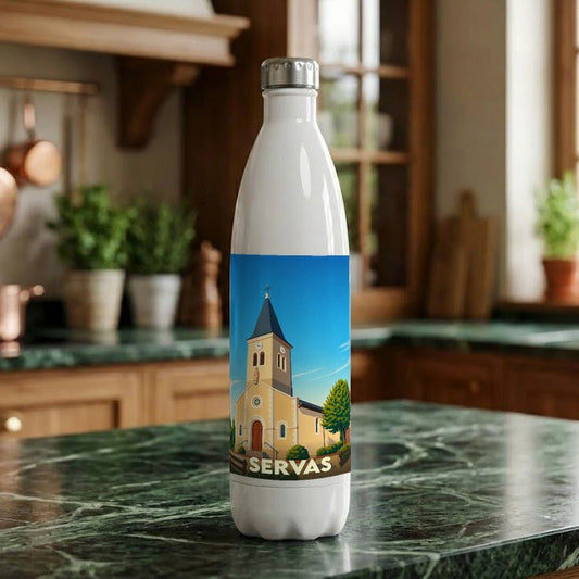 Gourde souvenir de la ville de Servas avec une illustration stylisée de son église.