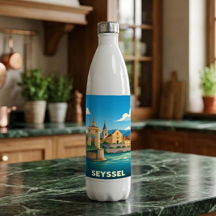 Gourde souvenir de la ville de Seyssel arborant une illustration stylisée des bords du Rhône.