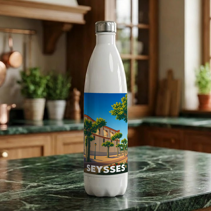 Gourde souvenir de la ville de Seysses avec une illustration stylisée.