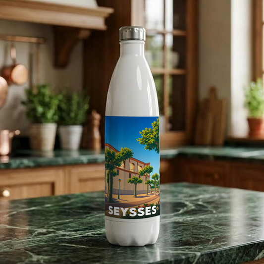 Gourde souvenir de la ville de Seysses avec une illustration stylisée.