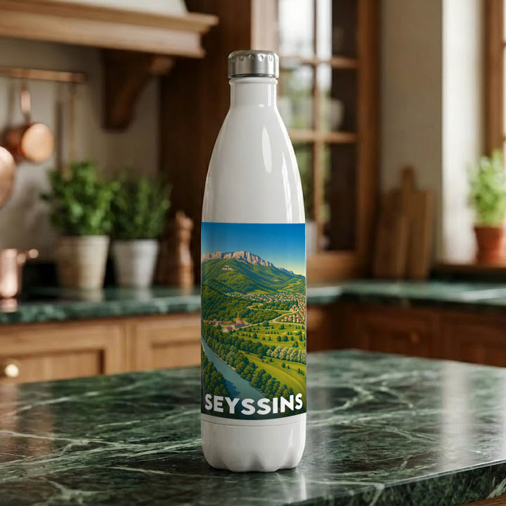 Gourde souvenir de la ville de Seyssins ornée d'une illustration paysagère stylisée.