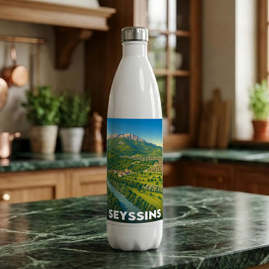 Gourde souvenir de la ville de Seyssins ornée d'une illustration paysagère stylisée.