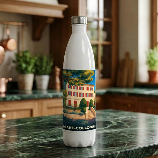 Gourde blanche souvenir de Simiane-Collongue illustrée d'une bastide provençale stylisée.