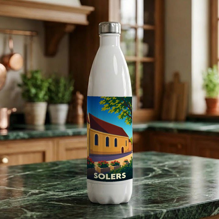 Gourde souvenir de la ville de Solers avec une illustration stylisée.