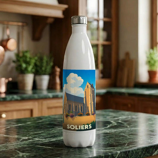 Gourde blanche souvenir de la ville de Soliers ornée d'une illustration stylisée de son église.