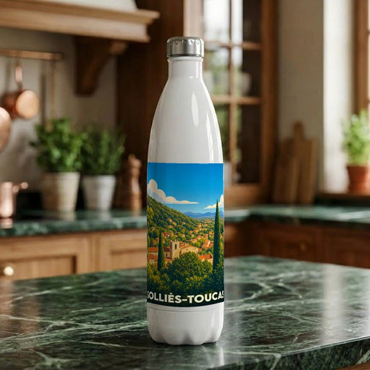 Gourde souvenir de la ville de Solliès-Toucas avec une illustration stylisée de son paysage provençal.