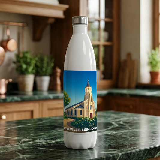 Gourde souvenir de la ville de Sotteville-lès-Rouen avec une illustration stylisée de son église.
