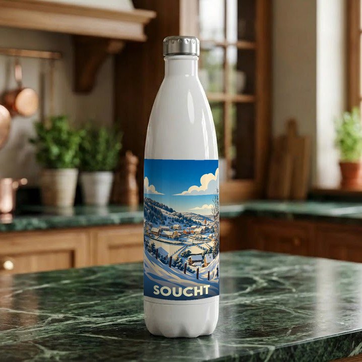 Gourde souvenir de la ville de Soucht avec une illustration hivernale stylisée.