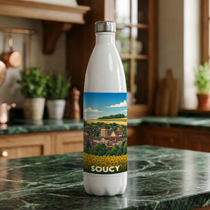 Gourde blanche souvenir de la ville de Soucy illustrée d'un paysage champêtre stylisé.