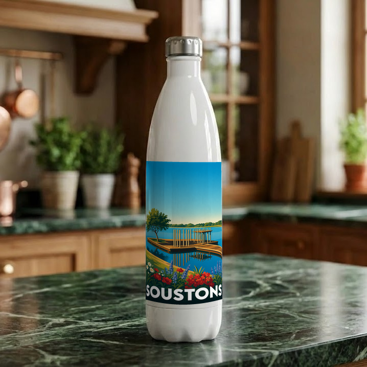 Gourde souvenir de la ville de Soustons ornée d'une illustration stylisée de son lac.