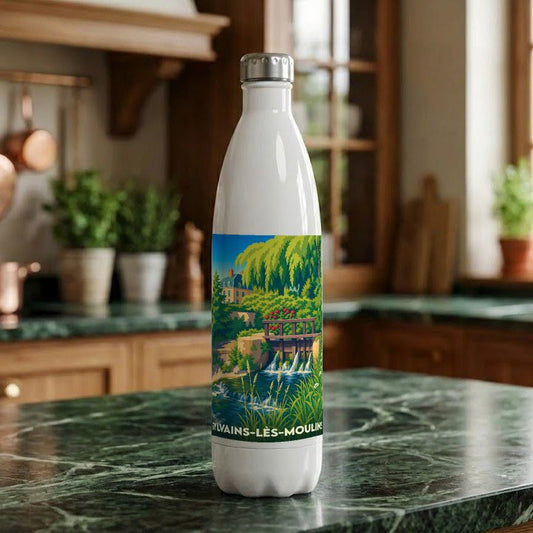 Gourde souvenir de la ville de Sylvains-Lès-Moulins avec une illustration colorée d'un moulin au bord de l'eau.