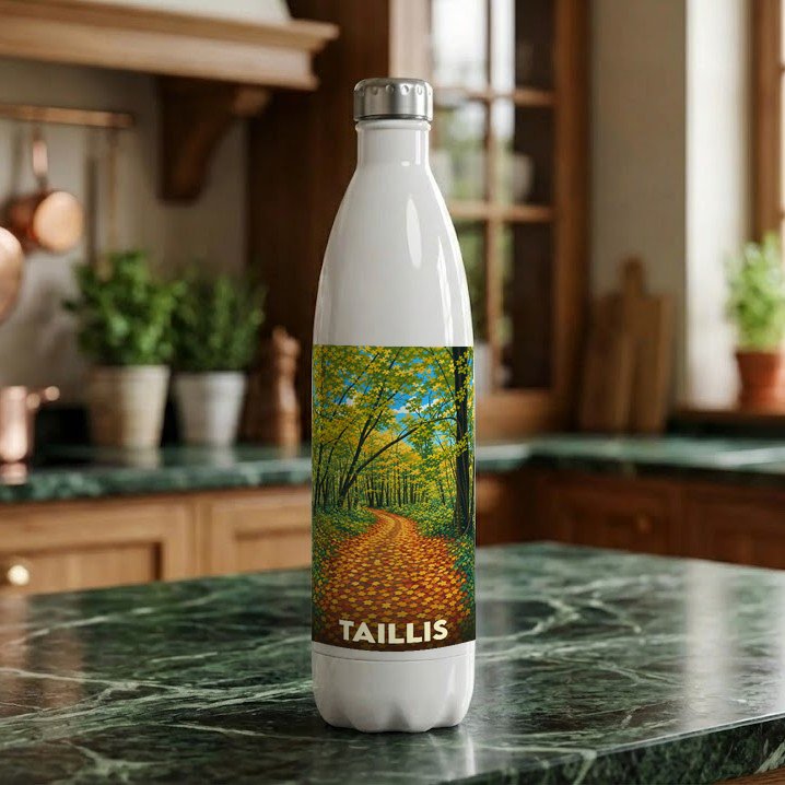Gourde souvenir de la ville de Taillis illustrée d'un sentier forestier automnal.