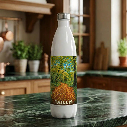 Gourde souvenir de la ville de Taillis illustrée d'un sentier forestier automnal.