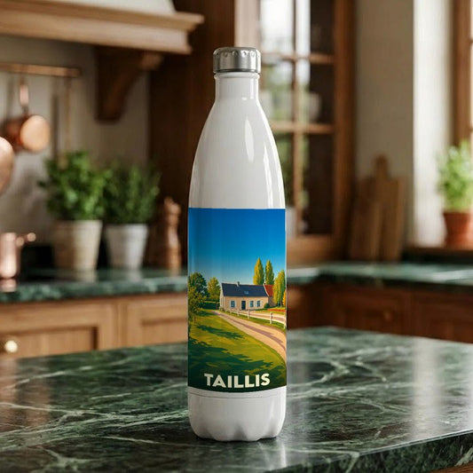Gourde souvenir de la ville de Taillis avec une illustration stylisée d'un paysage rural.