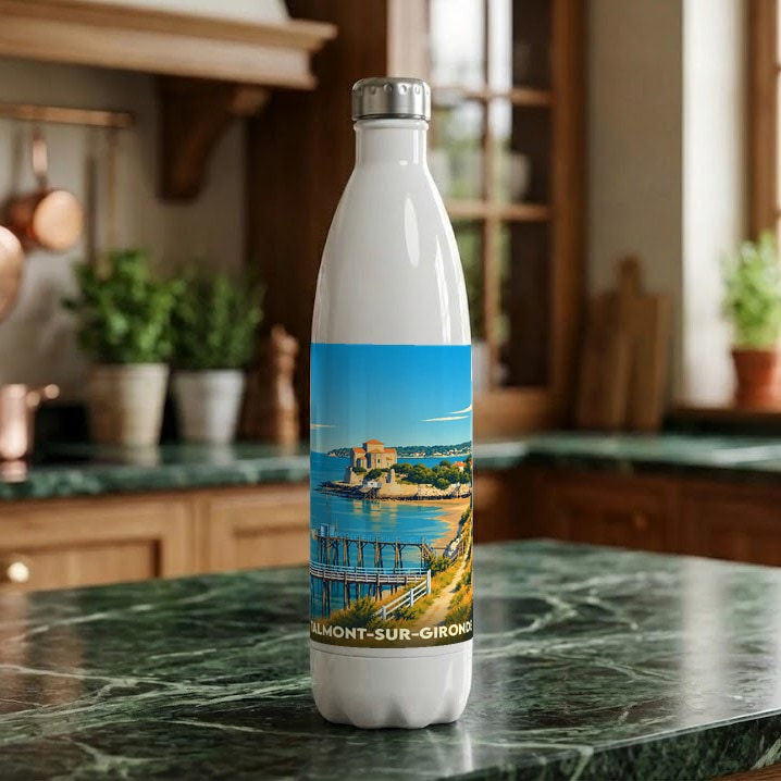 Gourde souvenir de la ville de Talmont-sur-Gironde avec une illustration stylisée de son église en bord de mer.