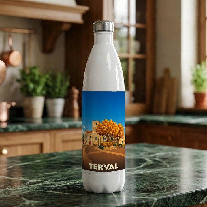 Gourde blanche souvenir de la ville de Terval illustrée d'un paysage urbain automnal.