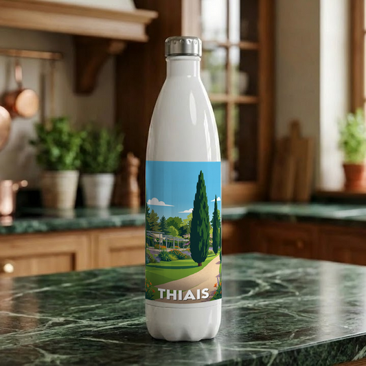 Gourde souvenir de la ville de Thiais avec une illustration stylisée d'un parc arboré.