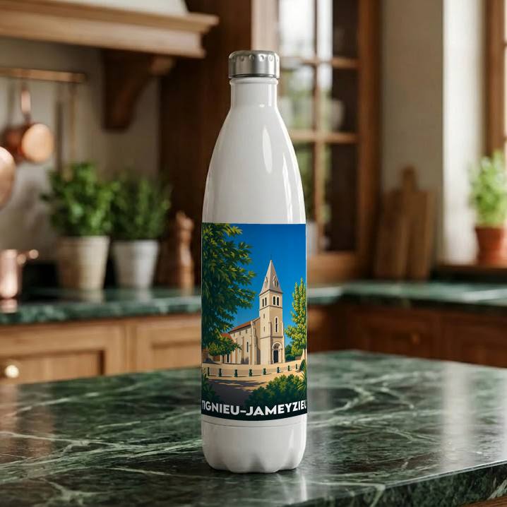 Gourde souvenir de la ville de Tignieu-Jameyzieu avec une illustration stylisée de son église.