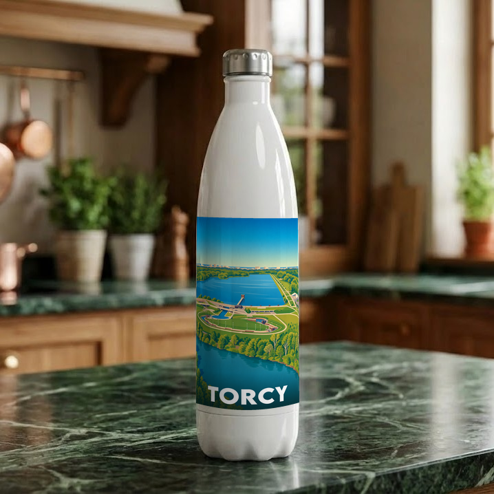 Gourde souvenir de la ville de Torcy avec une illustration stylisée.