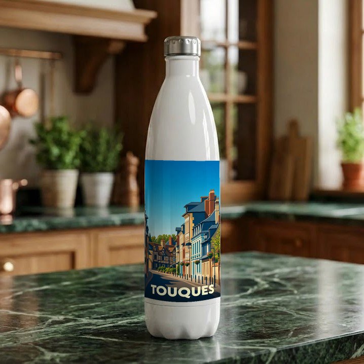 Gourde souvenir de la ville de Touques avec une illustration stylisée.
