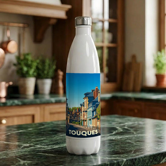 Gourde souvenir de la ville de Touques avec une illustration stylisée.