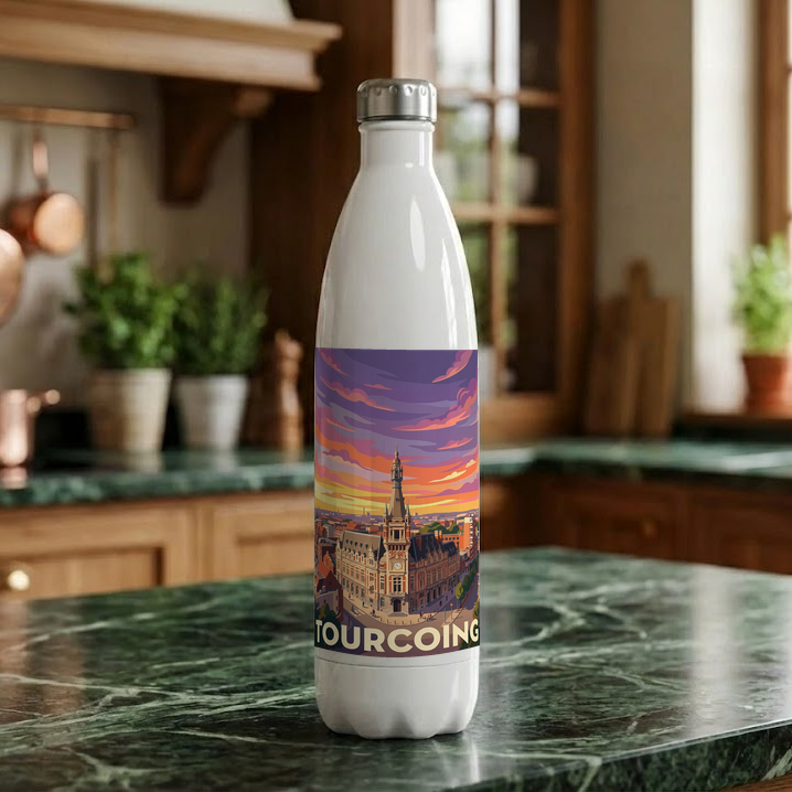 Gourde souvenir de la ville de Tourcoing avec une illustration stylisée de son hôtel de ville au coucher du soleil.
