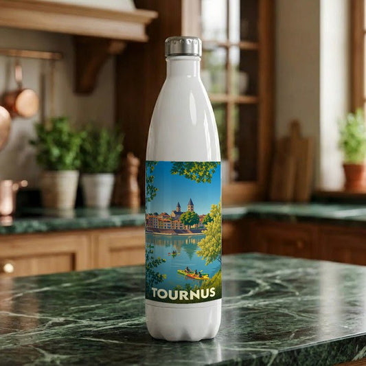 Gourde blanche souvenir de la ville de Tournus avec une illustration stylisée des bords de Saône.