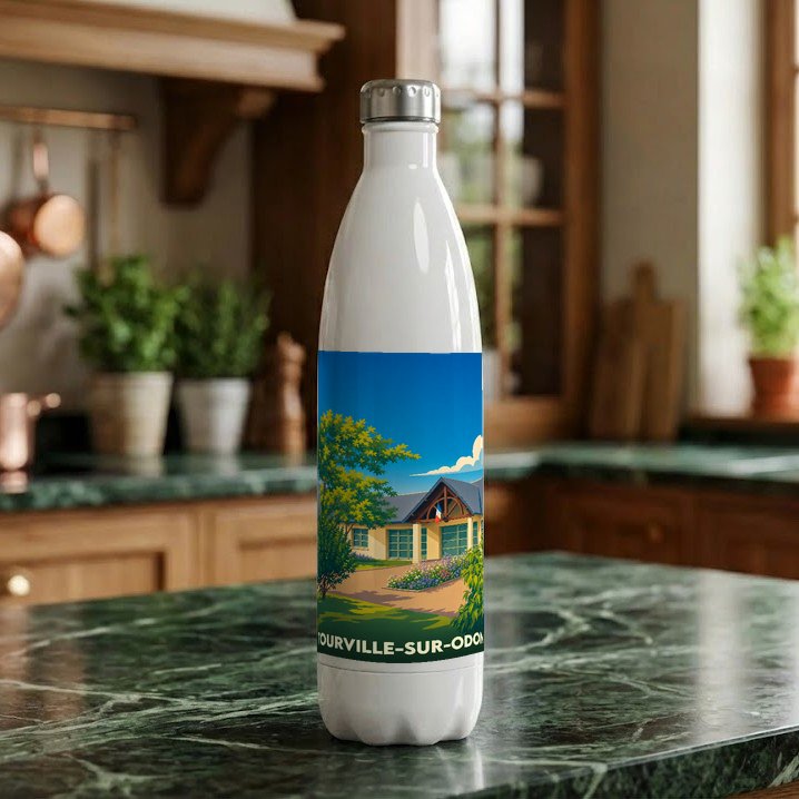 Gourde souvenir de la ville de Tourville-sur-Odon avec une illustration stylisée.