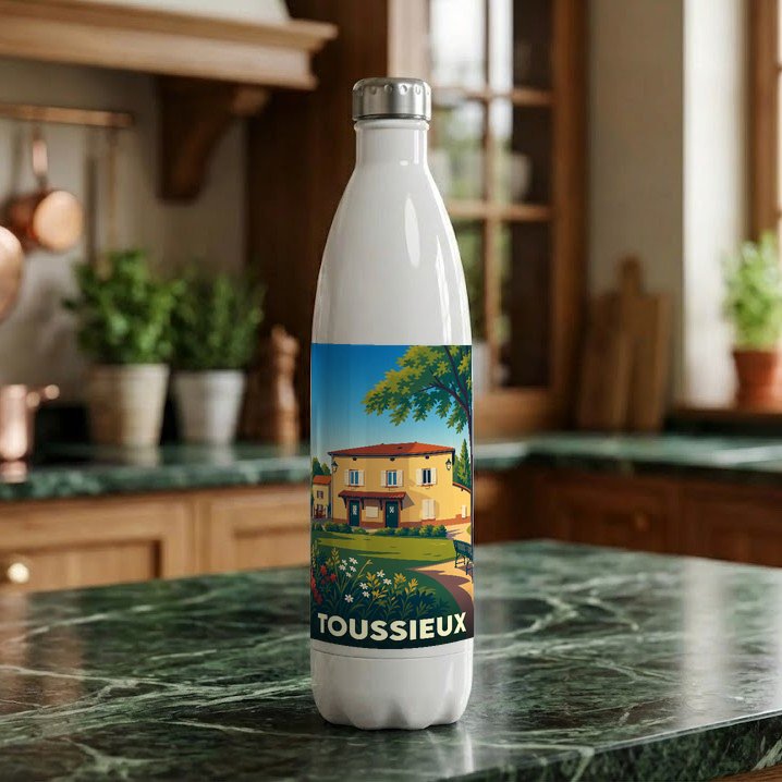 Gourde souvenir de la ville de Toussieux avec une illustration stylisée d'une maison provençale.