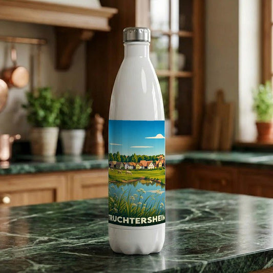 Gourde blanche souvenir de Truchtersheim illustrée d'un paysage champêtre stylisé de la ville.